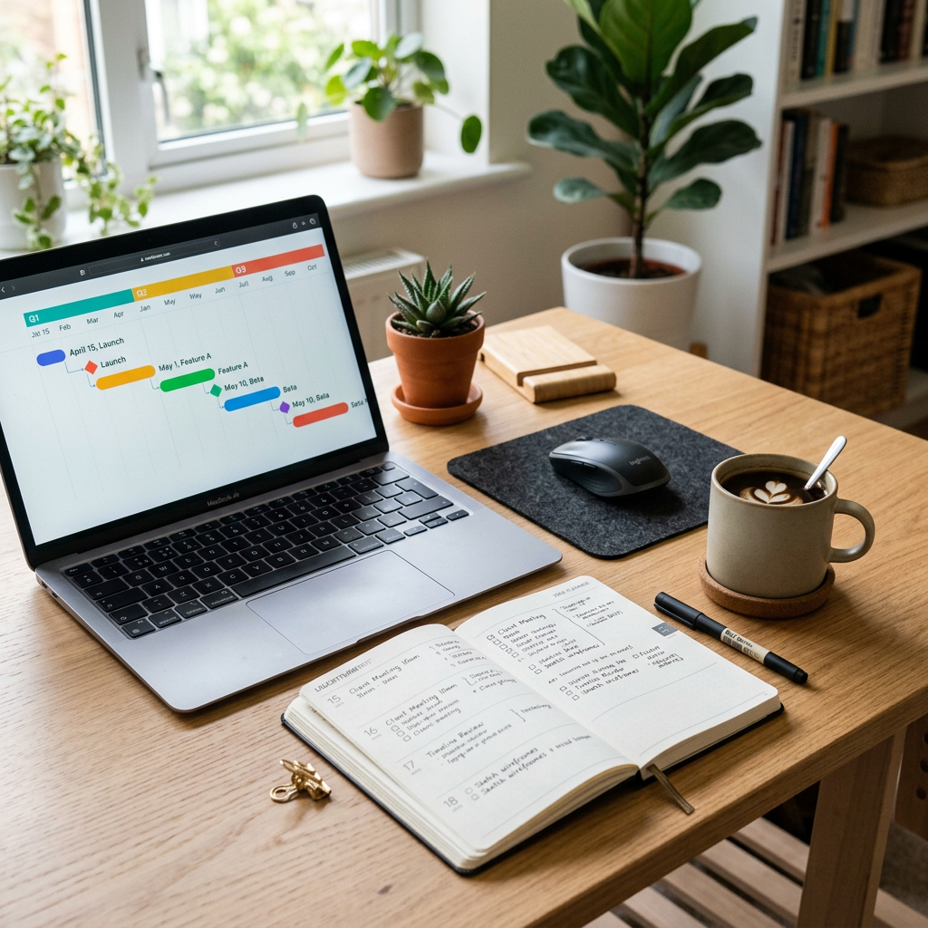 Laptop showing project timeline with an open planner, coffee cup, and mouse on a desk